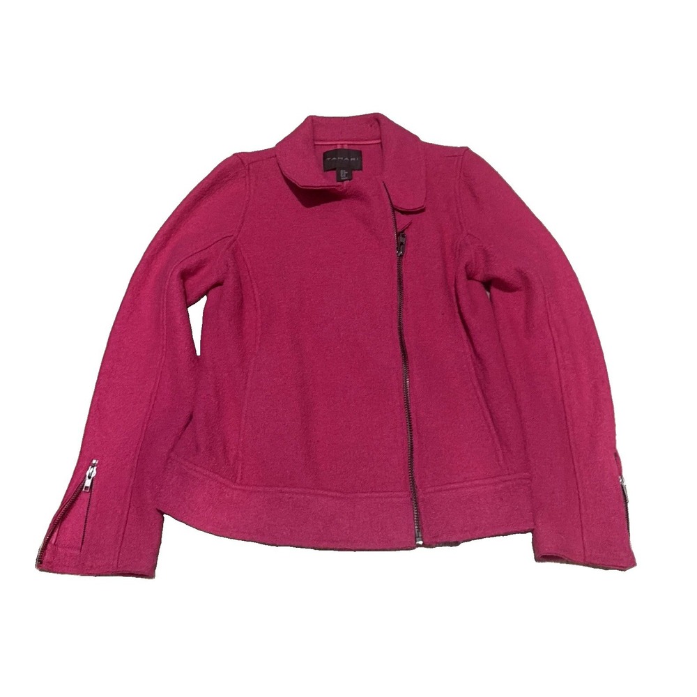 Tahari Womens M Pink Boiled Wool Blend Moto Jacket Asymmetrical Zip Fuchsia